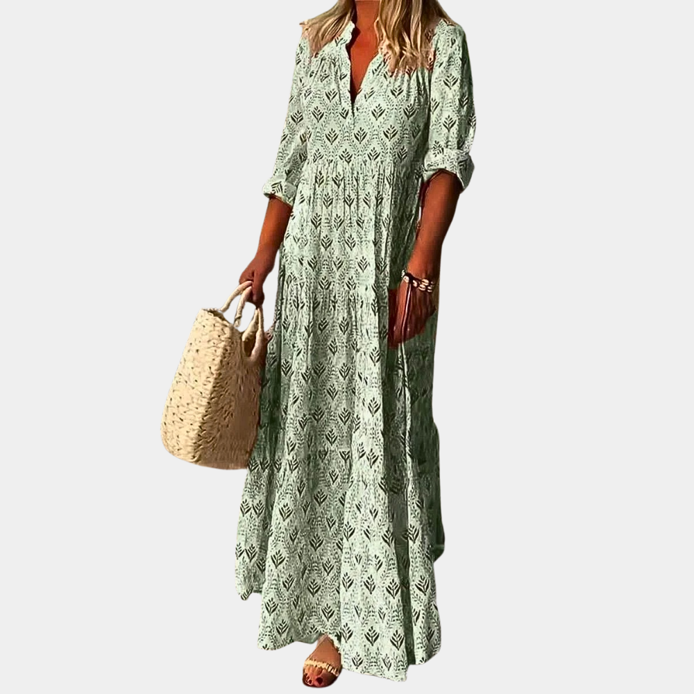Marina | Elegant Leaf Print Maxi Dress - Motheero