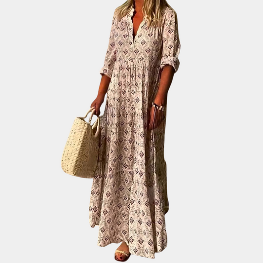 Marina | Elegant Leaf Print Maxi Dress - Motheero
