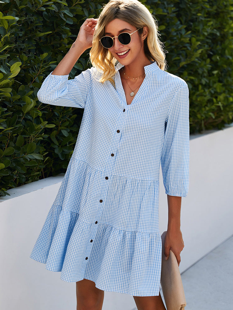 Sky | Buttoned V-Neck Dress - Motheero
