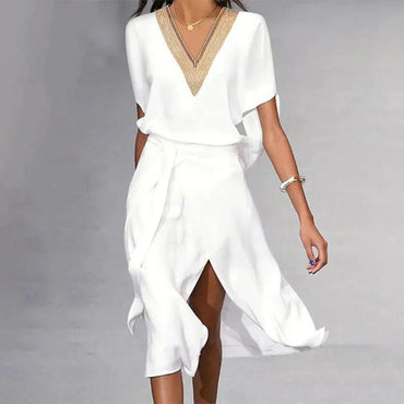 Anastasia | Flowy V-Neck Dress with Slit - Motheero
