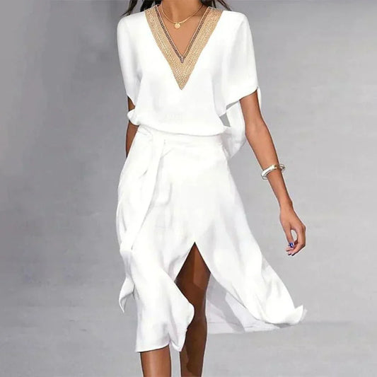 Anastasia | Flowy V-Neck Dress with Slit - Motheero