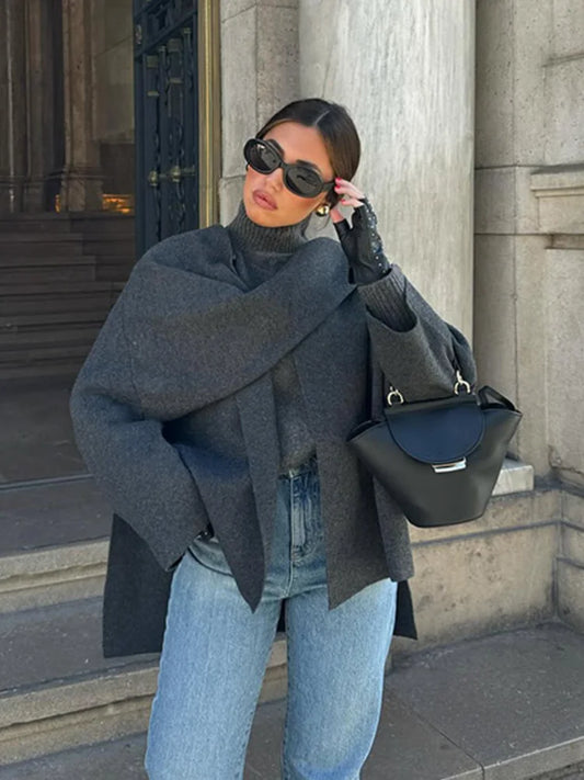 Odessa | Elegant Wool with Long Sleeves Coat Cape