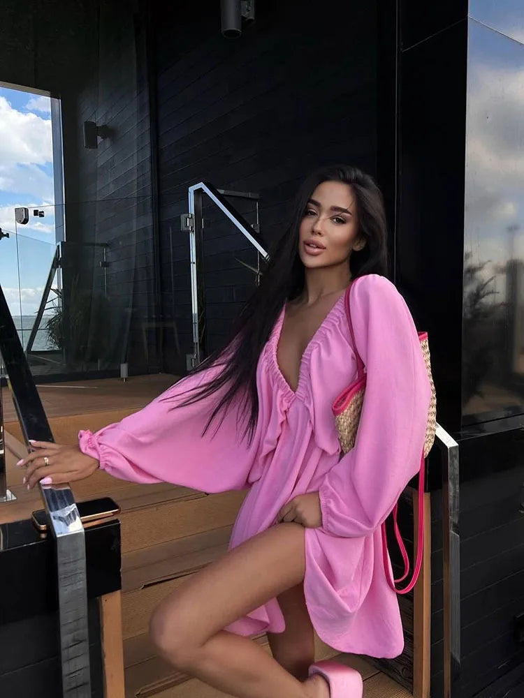 Mara | Deep V-Neckline With Long Sleeve Mini Dress - Motheero