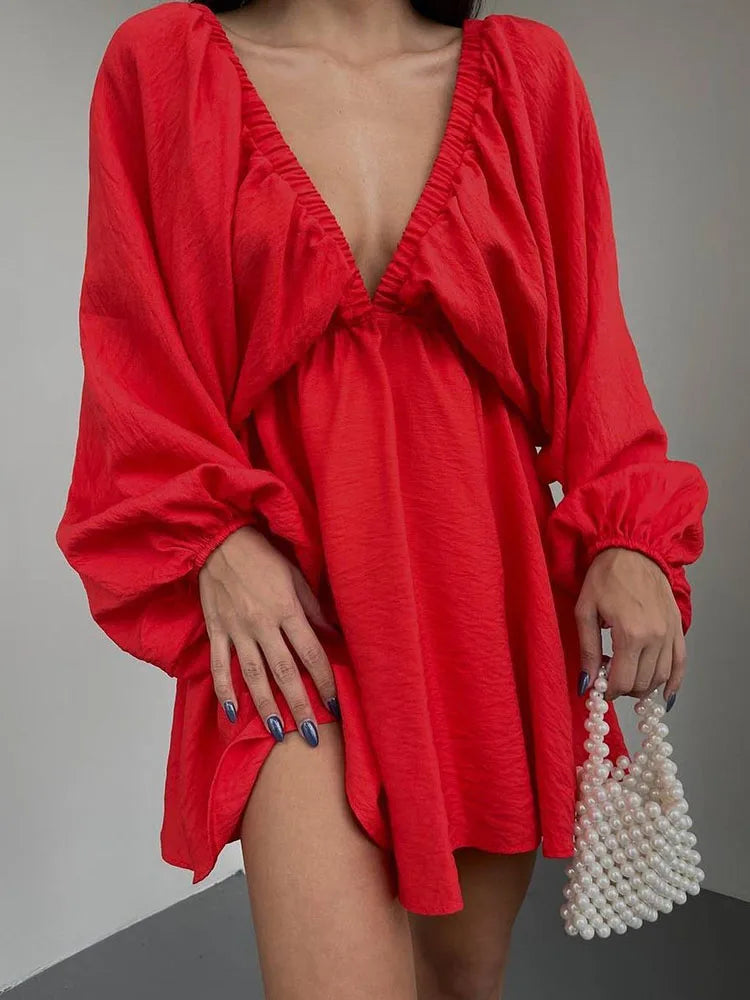 Mara | Deep V-Neckline With Long Sleeve Mini Dress - Motheero