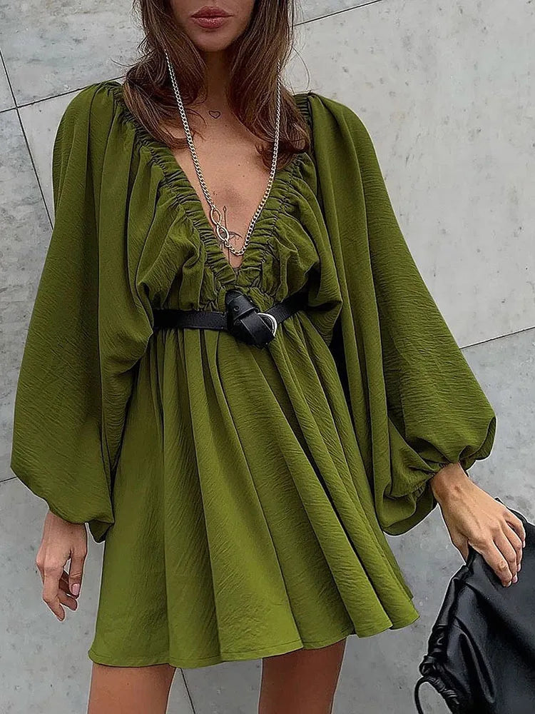 Mara | Deep V-Neckline With Long Sleeve Mini Dress - Motheero