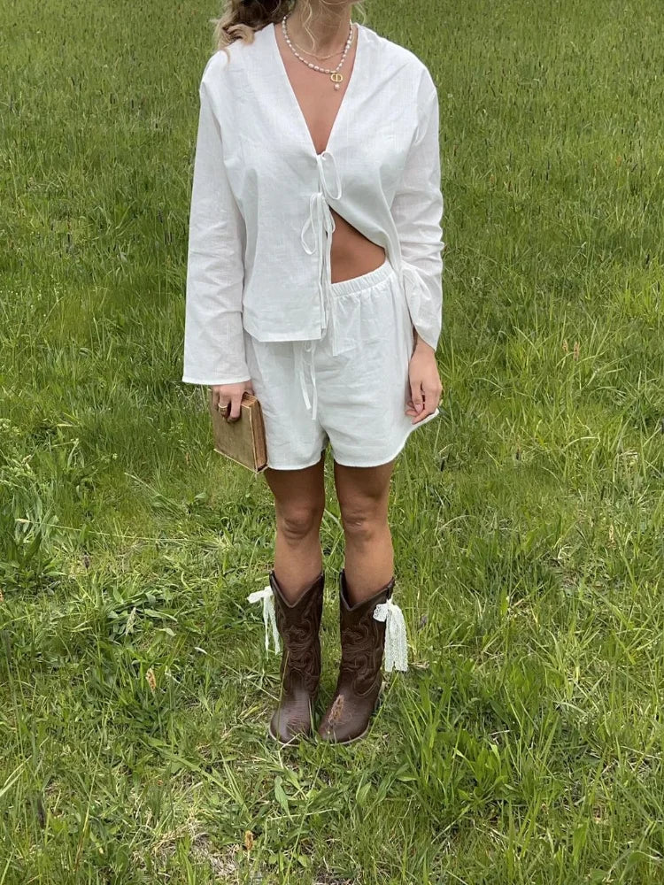 Serena | Long‑Sleeve Lace‑Up Shirt - Motheero