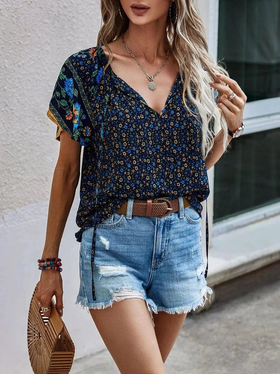 Nerina | Versatile Short‑Sleeve Floral Blouse - Motheero