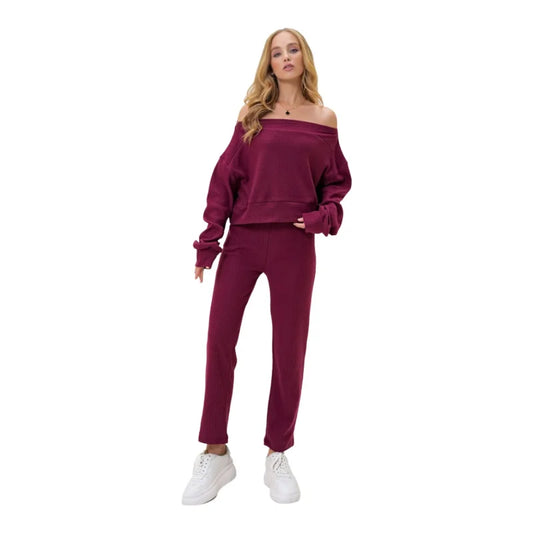 Rohana | Loungewear Relaxed Set Off Shoulder Sweatshirt and Trousers