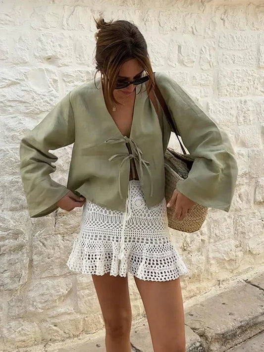 Serena | Long‑Sleeve Lace‑Up Shirt - Motheero