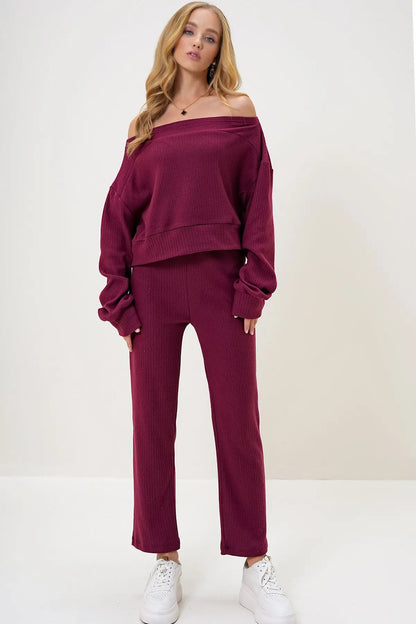 Rohana | Loungewear Relaxed Set Off Shoulder Sweatshirt and Trousers