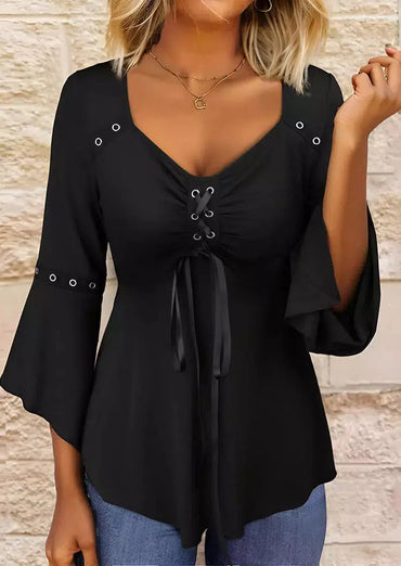 Nora | Lace-Up V-Neck Blouse - Motheero