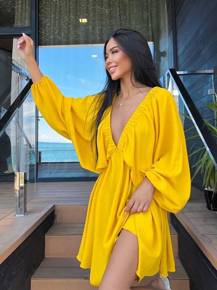 Mara | Deep V-Neckline With Long Sleeve Mini Dress - Motheero