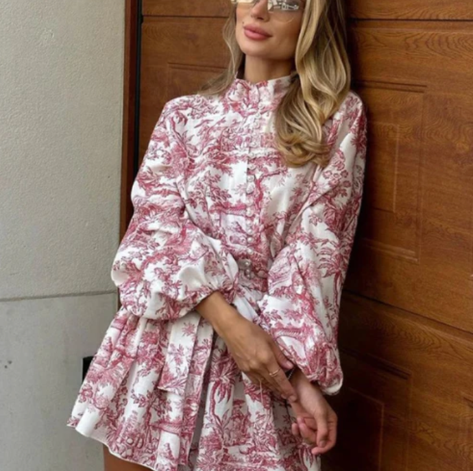 Elara | Pleated Dress With Puff Long Sleeves - Motheero