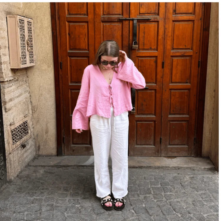 Serena | Long‑Sleeve Lace‑Up Shirt - Motheero