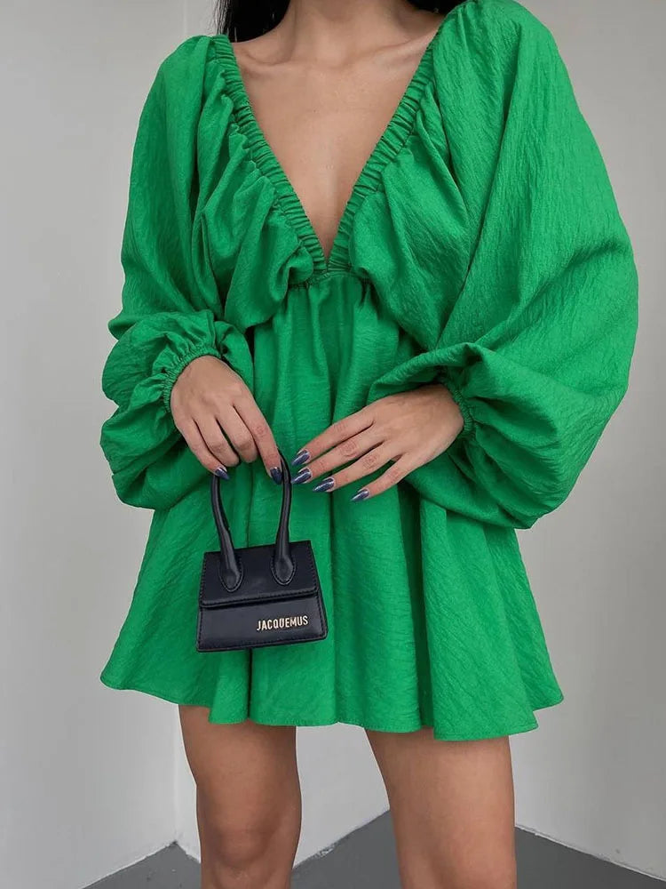 Mara | Deep V-Neckline With Long Sleeve Mini Dress - Motheero