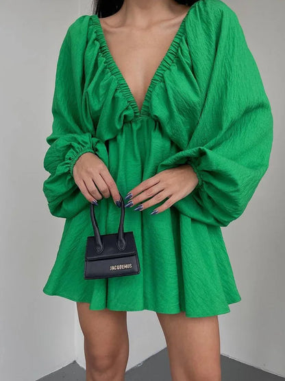 Mara | Deep V-Neckline With Long Sleeve Mini Dress - Motheero