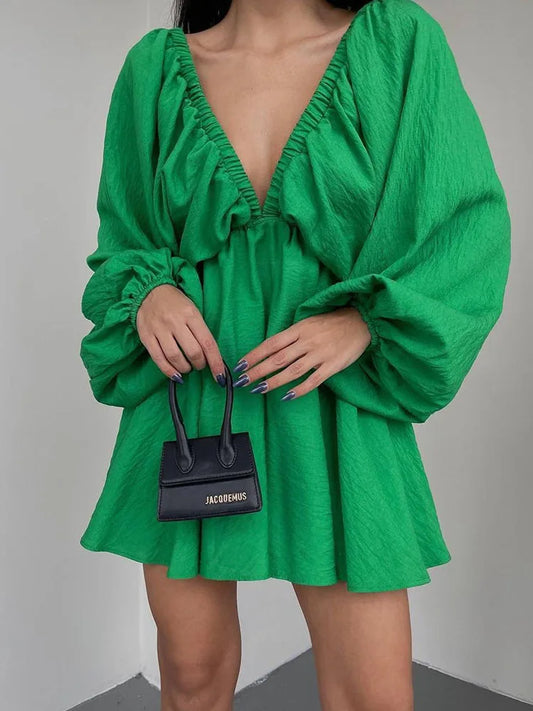 Mara | Deep V-Neckline With Long Sleeve Mini Dress - Motheero