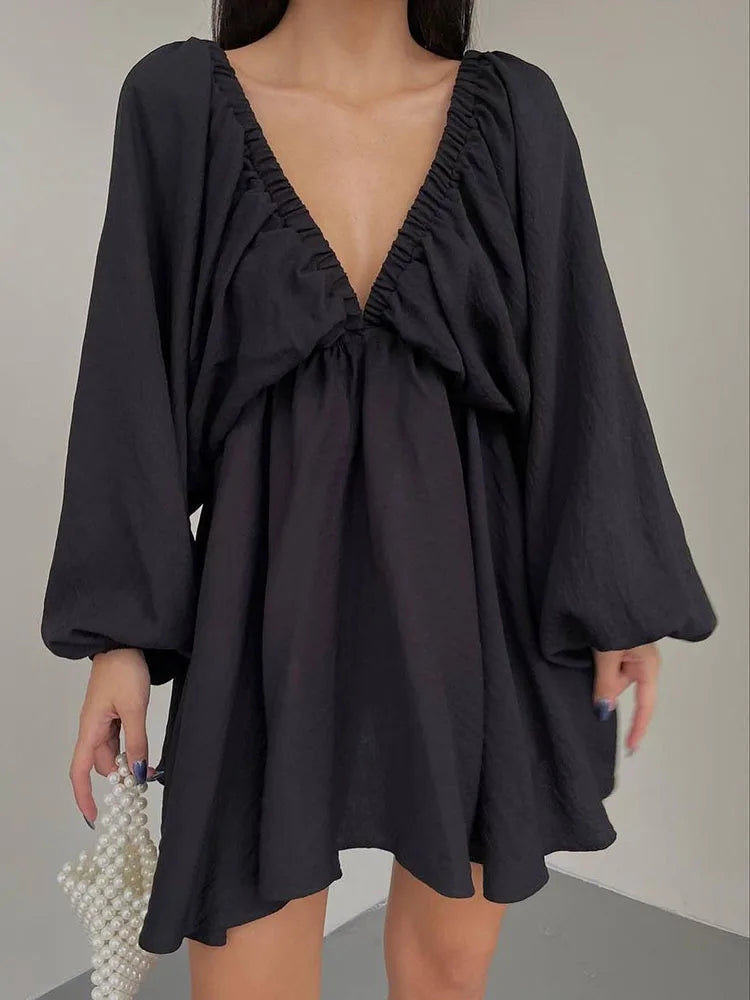 Mara | Deep V-Neckline With Long Sleeve Mini Dress - Motheero