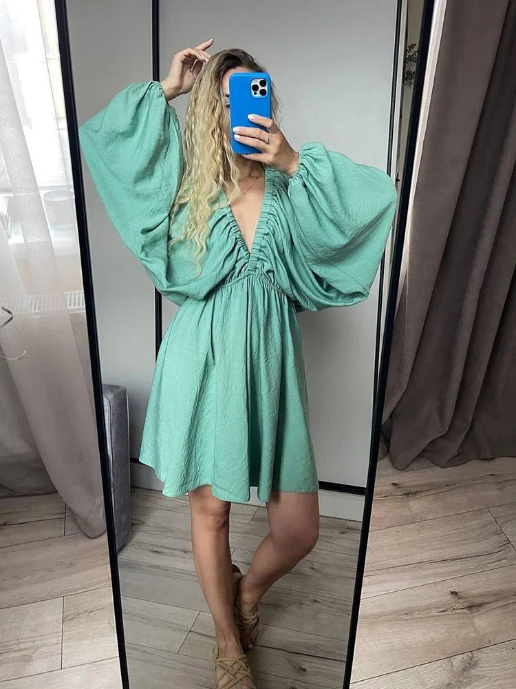 Mara | Deep V-Neckline With Long Sleeve Mini Dress - Motheero
