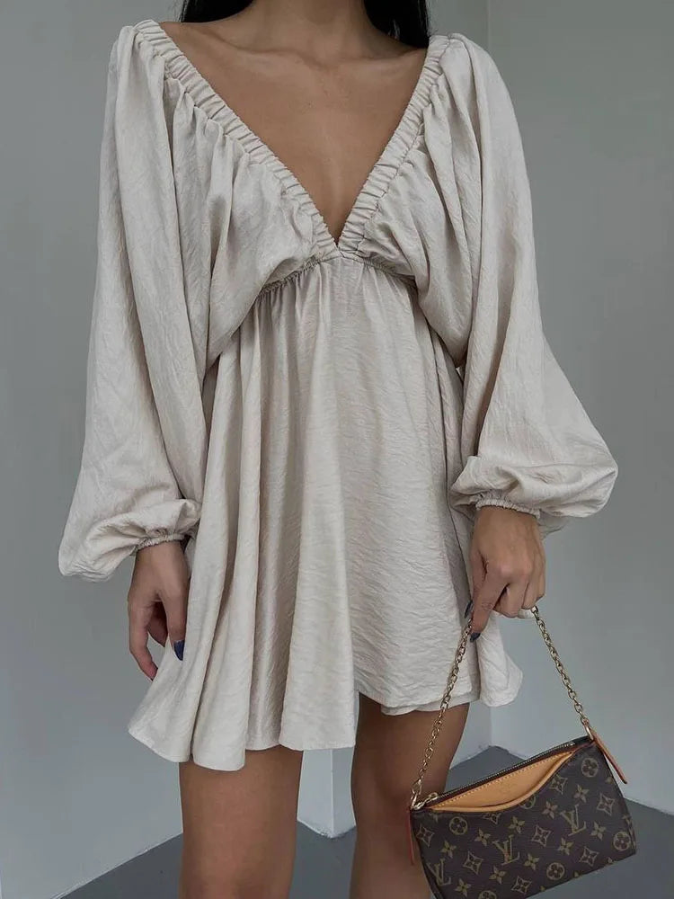 Mara | Deep V-Neckline With Long Sleeve Mini Dress - Motheero