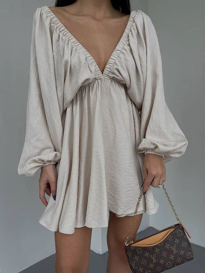 Mara | Deep V-Neckline With Long Sleeve Mini Dress - Motheero