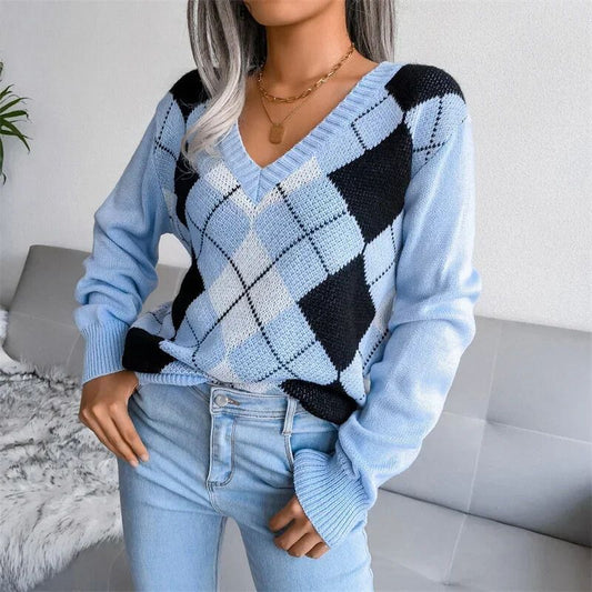 Ella | Women Argyle Wool V‑Neck Sweater