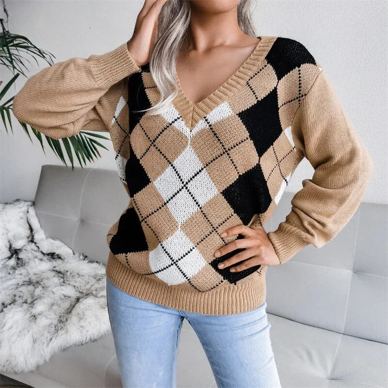 Ella | Women Argyle Wool V‑Neck Sweater