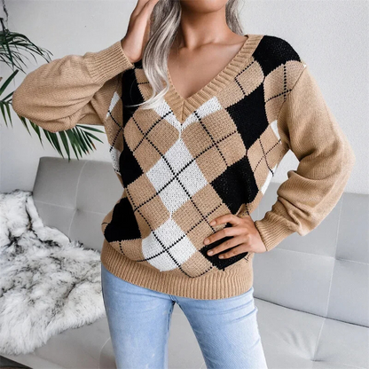 Ella | Women Argyle Wool V‑Neck Sweater
