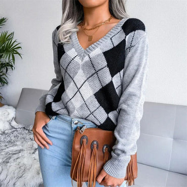 Ella | Women Argyle Wool V‑Neck Sweater