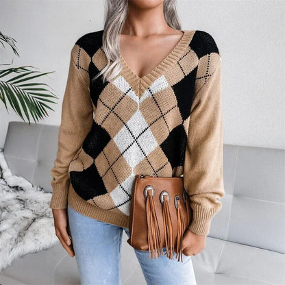 Ella | Women Argyle Wool V‑Neck Sweater