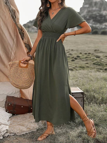 Mara | Boho Long V-Neck Dress with Slit - Motheero