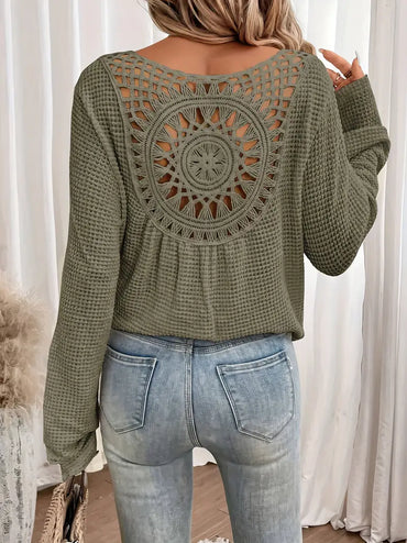 Celina | Women V-Neck Patterned Back Long Cuffed Sleeve Sweater