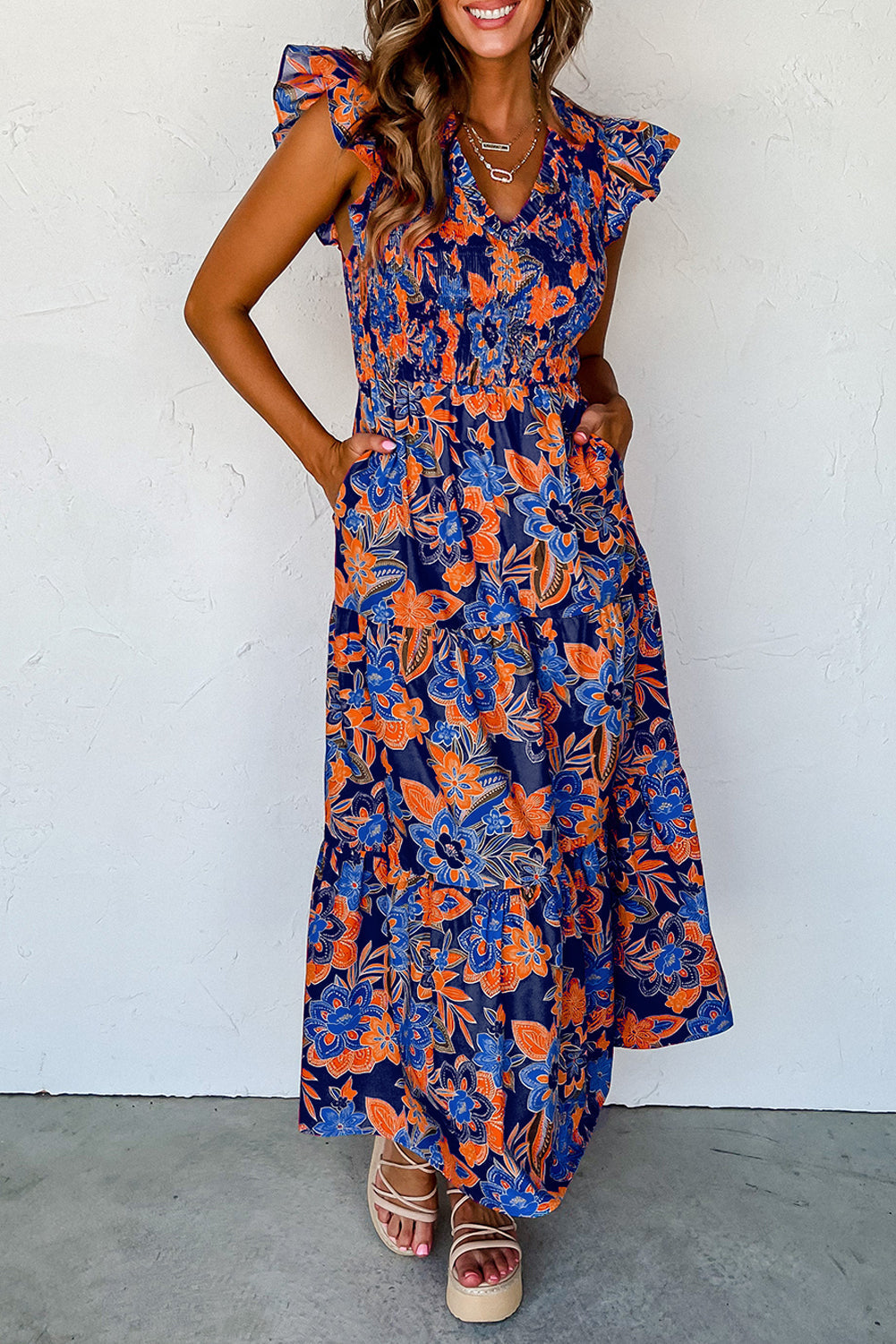 Liana | Floral V-Neck Dress with Ruffles - Motheero