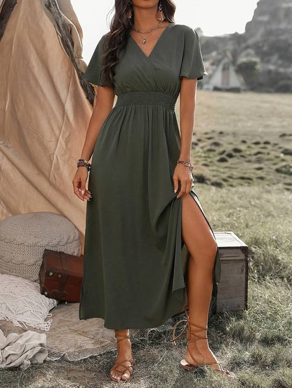 Mara | Boho Long V-Neck Dress with Slit - Motheero