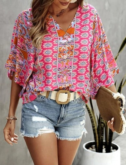Mira | Patterned V‑Neck Blouse - Motheero