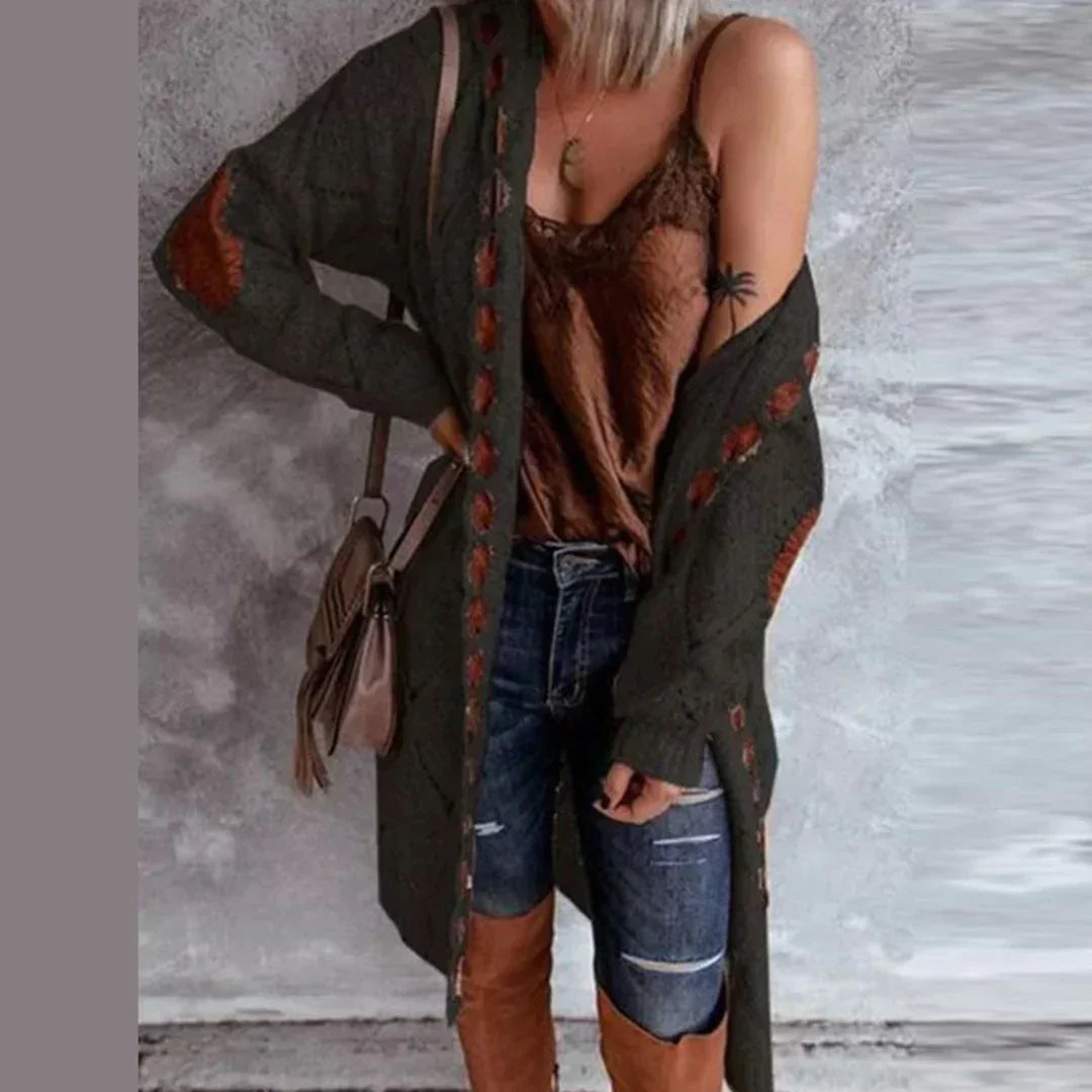 Amaya | Trendy Knit with Contrast Patches Long Cardigan