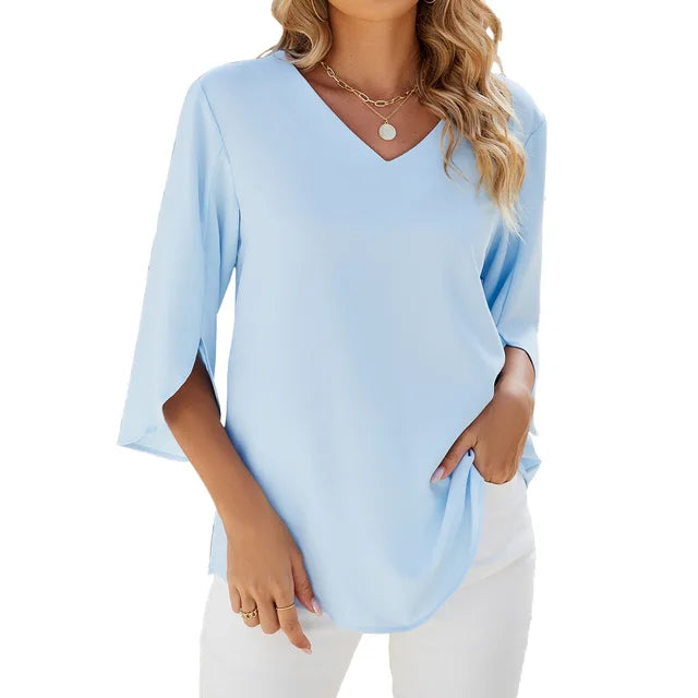 Barbara | Elegant V‑Neck Blouse - Motheero