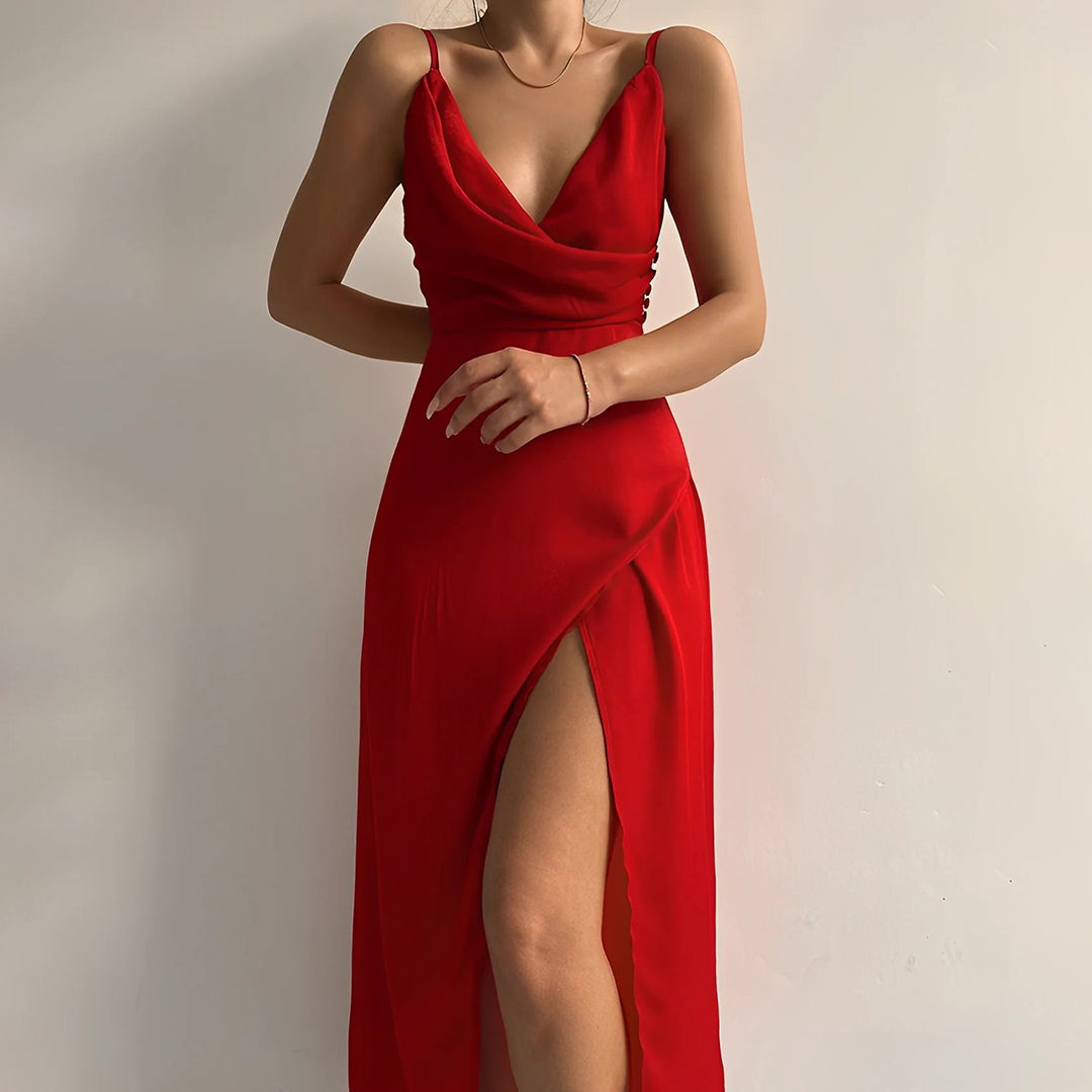 Christine | Deep V-Neck Maxi Dress with Slit - Motheero