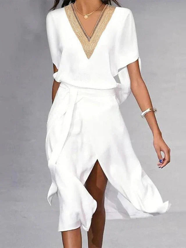 Anastasia | Flowy V-Neck Dress with Slit - Motheero